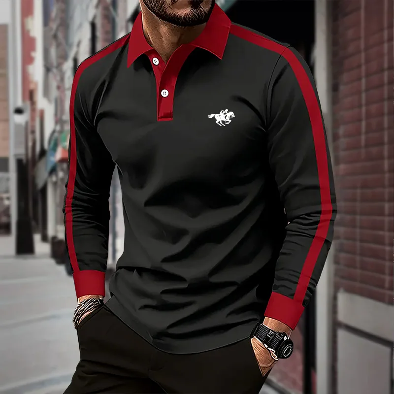 2024 Men\'s long sleeved polo shirt, spring and autumn casual sports breathable top, men\'s fashion patchwork polo shirt