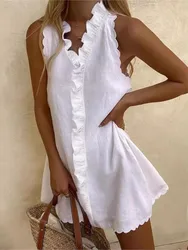 Vestido casual de algodão e linho branco, decote V, babados, sem mangas, elegante, boho, praia, festa, mini vestidos, feminino, verão, novo