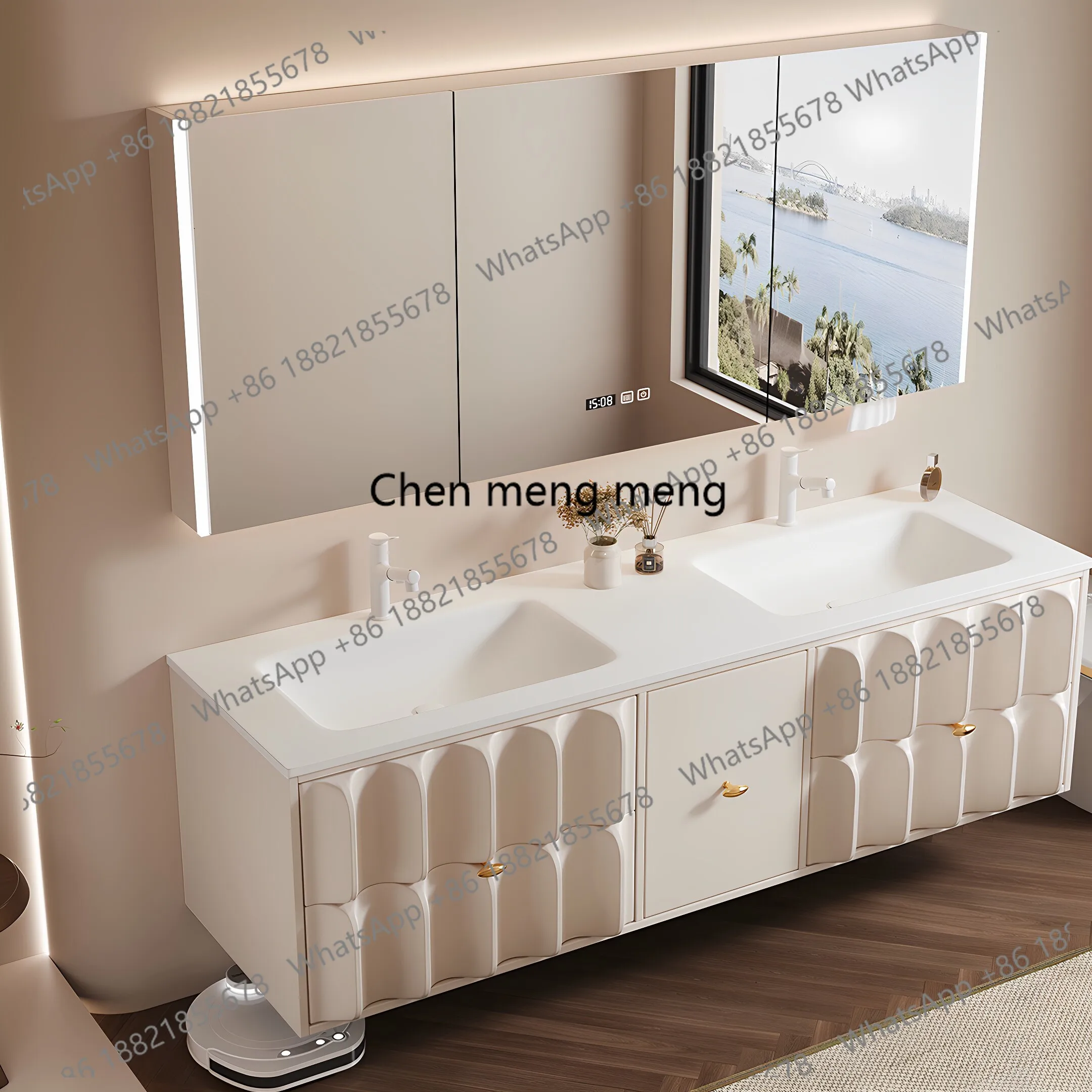 2026 new Corian integrated double basin double faucet cream wind rubber wood enlarged basin bathroom cabinet