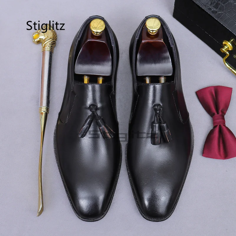 

Men's Genuine Leather Tassel Shoes British Style Business Handmade Office Elegant Male Social Shoes Low Heel Leather Loafers