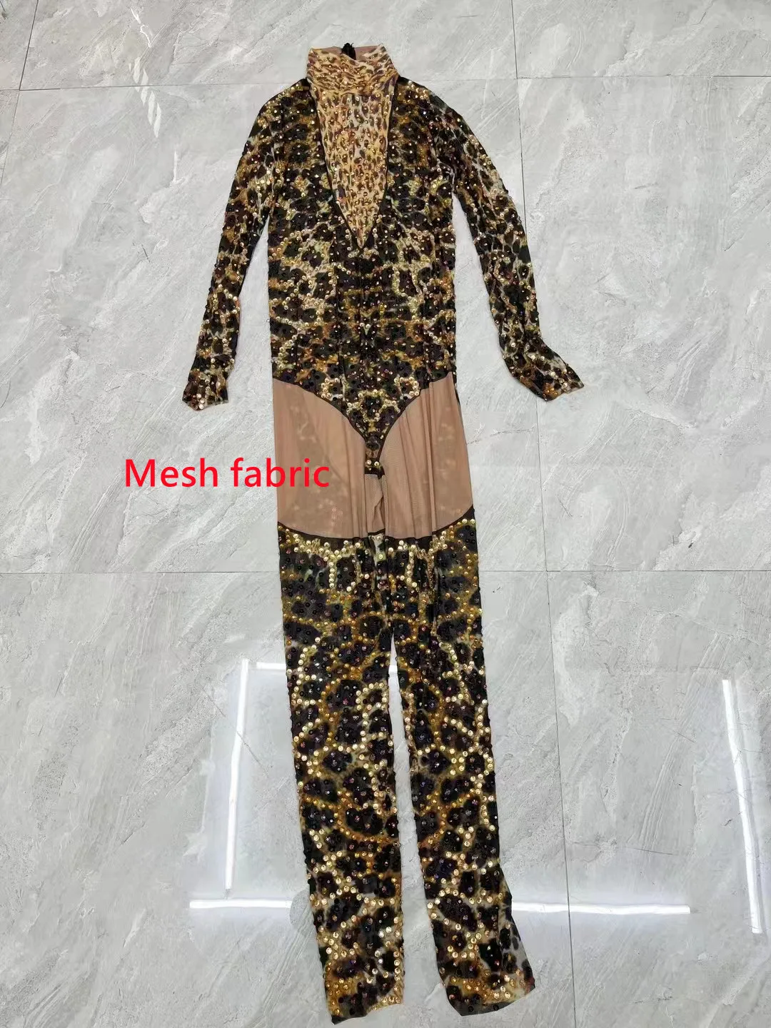 Vrouwen Strass Luipaard Strakke Jumpsuit Bar Elastische Lange Mouw Gedrukt Turnpakje Zanger Danser Stage Performance Danskostuum