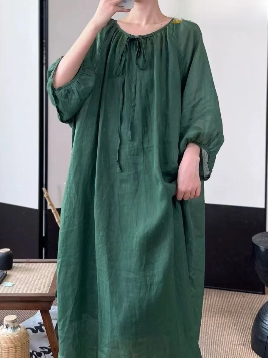 

Retro Bubble Sve Dr Women's plus Size Loose Cotton Linen Full Skirt Khaki A-Line Skirt Spring Summer Casual Sle