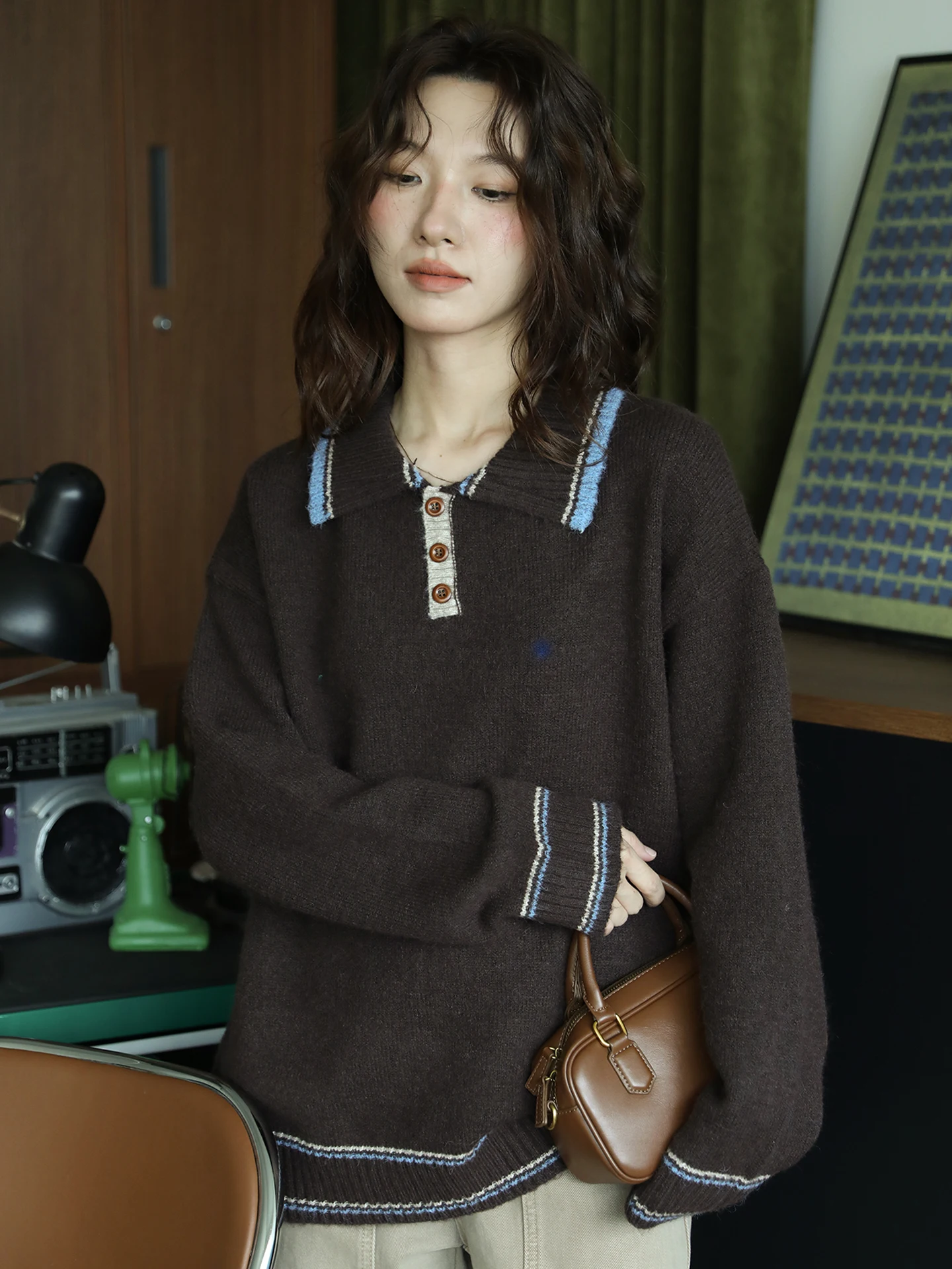 

Ce Brown Collar Knitted Sweater Loose Fit Comfortable Soft Korean Sle Autumn Winter Top Design Sensation Outerwear