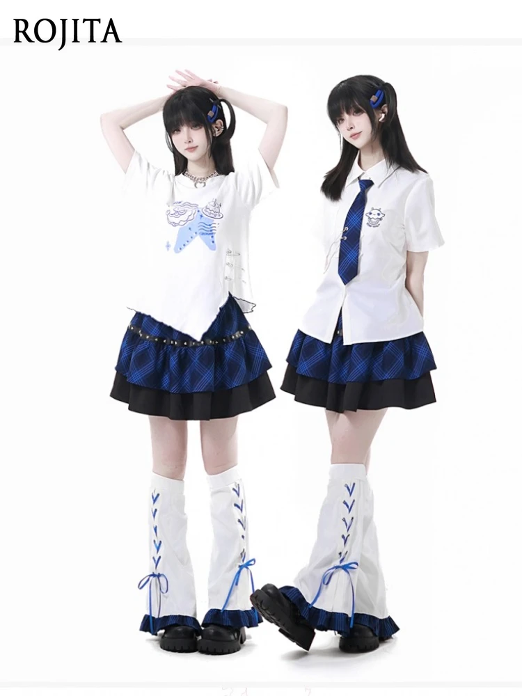 

College Style White Short Sleeve Shirt Summer Blue and Black Contrast Plaid Skirt Age-Reducing School Girl Outfit 2025 Summer
