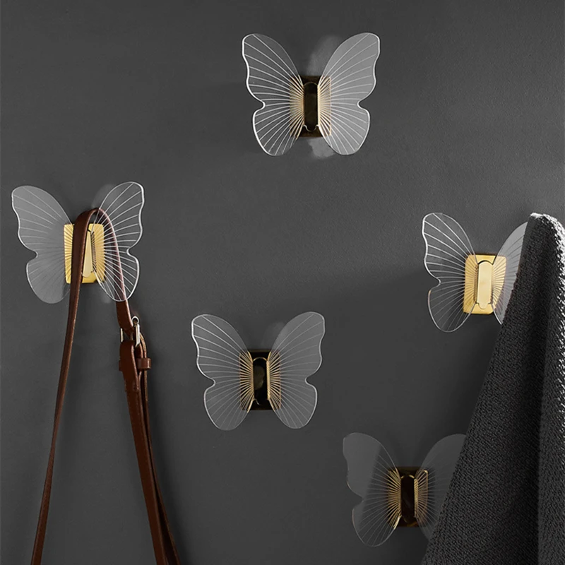 Butterfly Clothes Hook Punch-free Bathroom Acrylic Wall Hook Hanging Wardrobe Shoe Cabinet Door Hooks Home Decorate Storage Rack