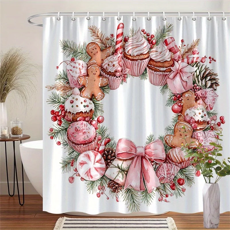 Festive Christmas Wreath Shower Curtain - Hand-Drawn Holiday Art with Gingerbread Cookies, Cupcakes, Candy Canes