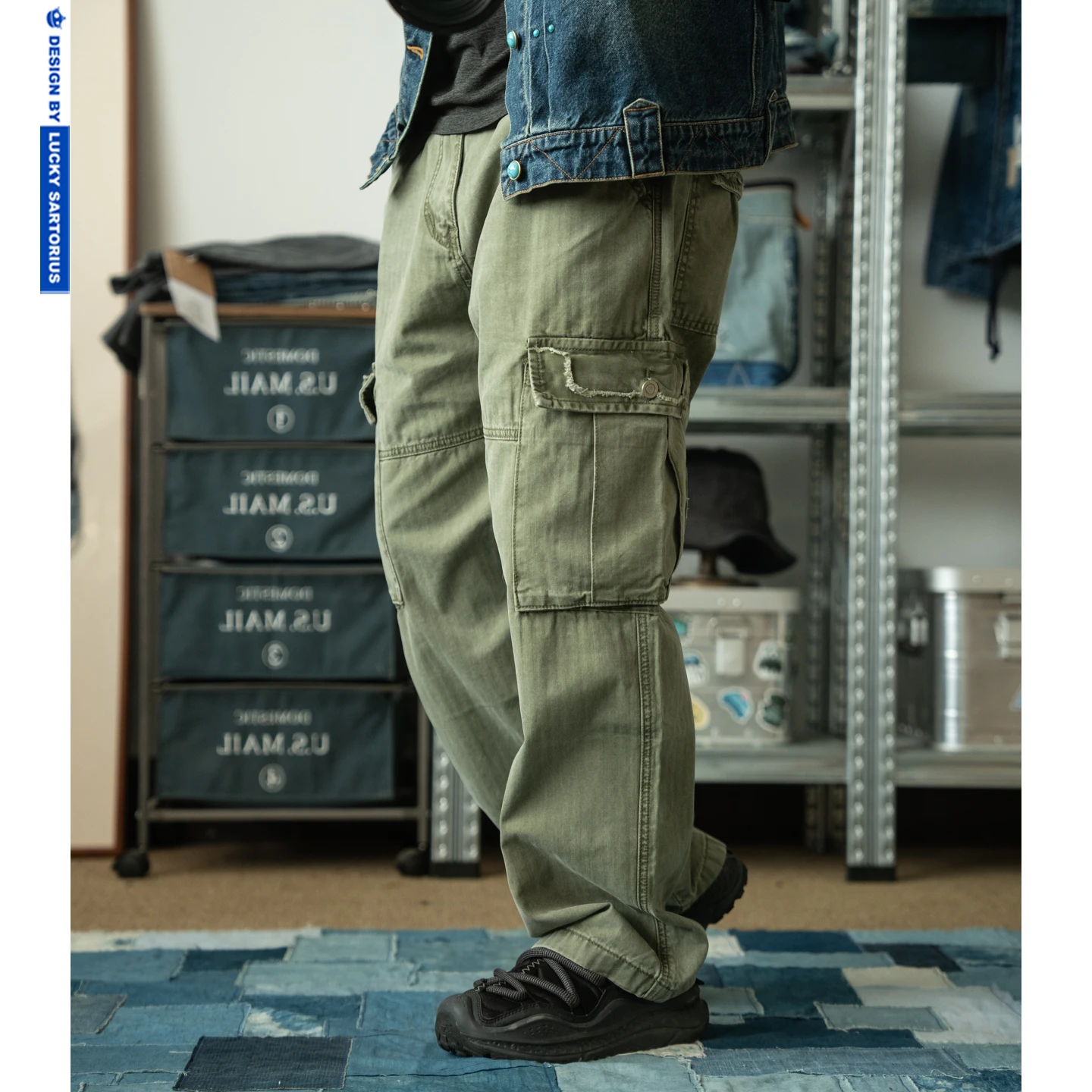 Retro American Washed Men's Work Trousers Loose Straight Leg Casual Long Pants Multi-Pocket Military Green Fashion Urban