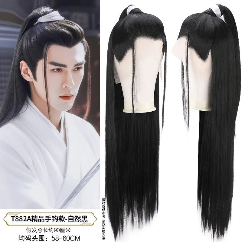 Perruque à crochet à main pour Costume ancien chinois, identique au Style dramatique de films et de télévision anciens, postiche queue de cheval haute pour hommes anciens