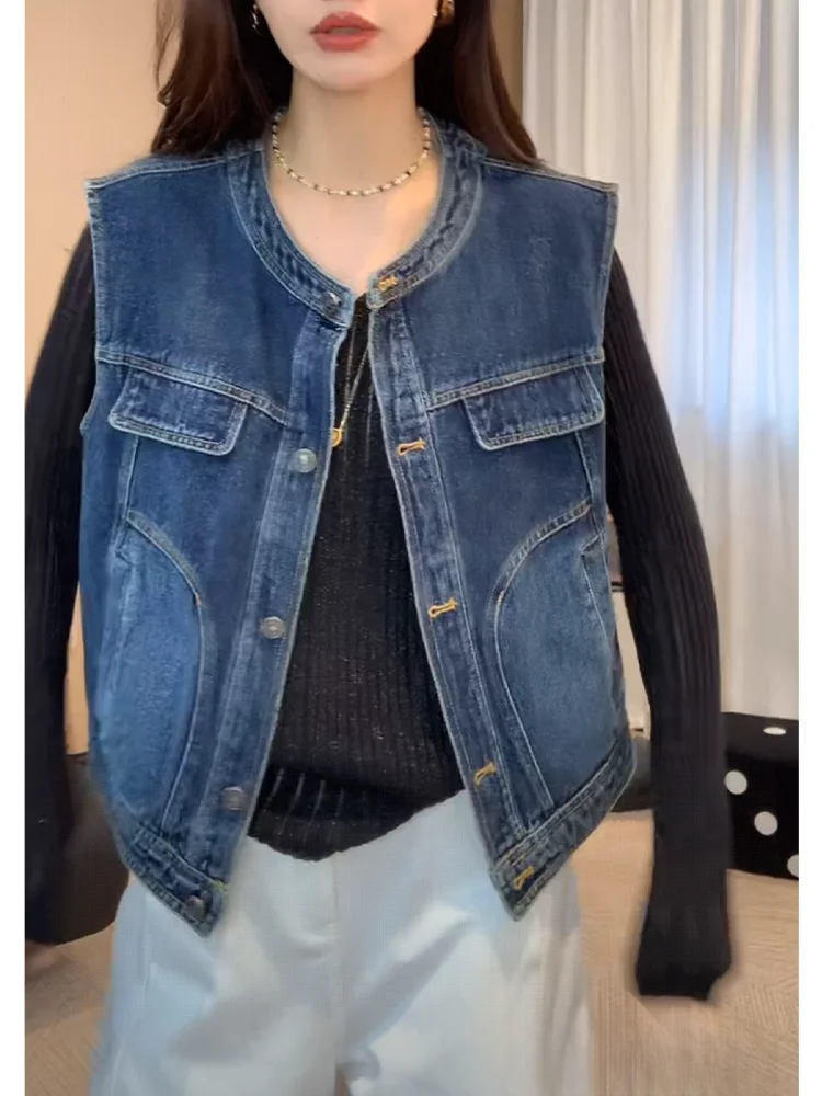 

Модный джинсовый жилет с круглым вырезом и одной пуговицей для женщин, осенняя новинка, элегантный, высококачественный, легкий, для повседневной носки