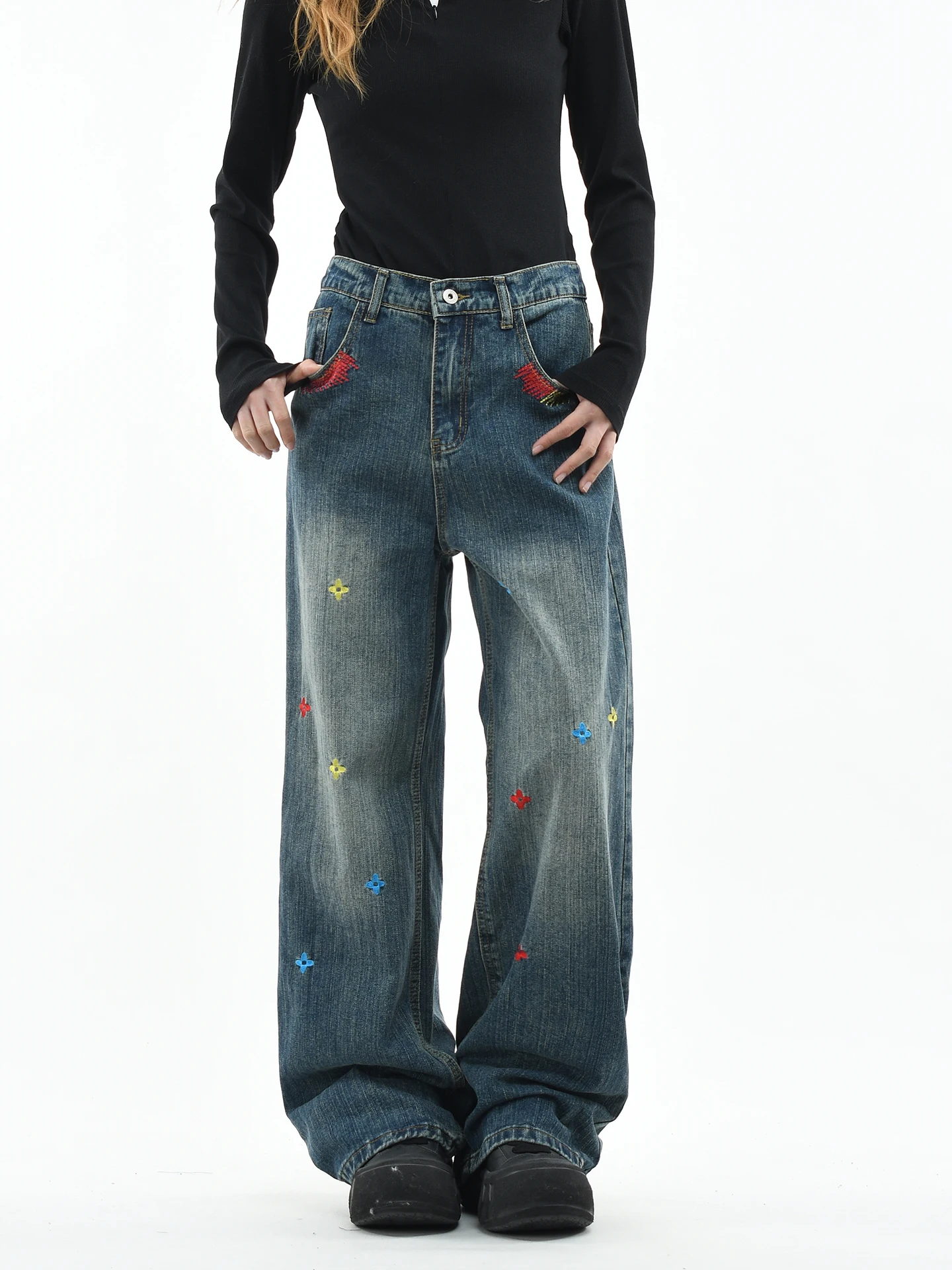 

OV Original American Retro Embroidered Waed Denim Pants Loose Straight Leg Slimming Floor-Length Wide Leg Long Trousers