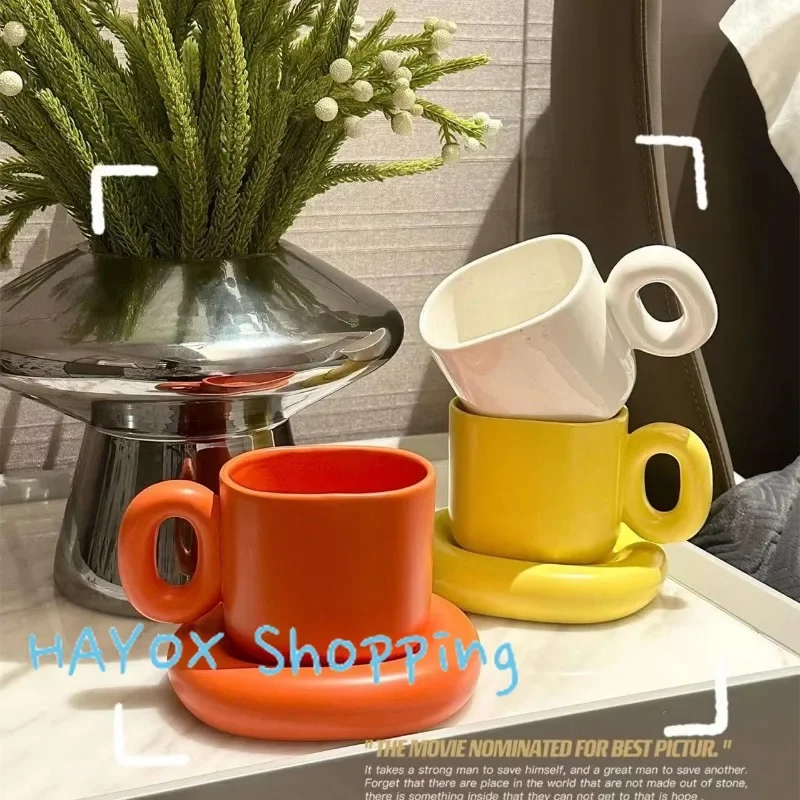 Creative Solid Color Ceramic Coffee Cup Thick Saucer Afternoon Tea Dessert Tea Cup Breakfast Bread Milk Mug Couple Gift Mug Home view 3