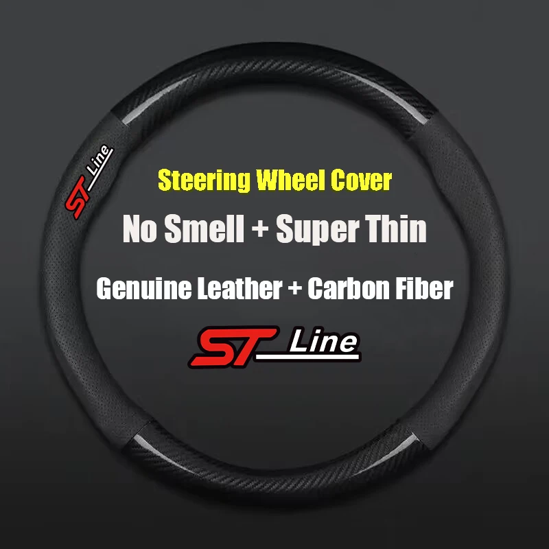 

38cm Car Leather Carbon Fiber Non-slip Steering Wheel Cover For Ford Edge Puma Kuga Mondeo Fiesta Ecosport Focus ST Line