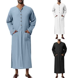 Muslim Men Abayas Kaftan Solid Pockets V Neck Long Sleeve Vintage Robes Man Arabic Islamic Southeast Asia Caftan Casual Abaya