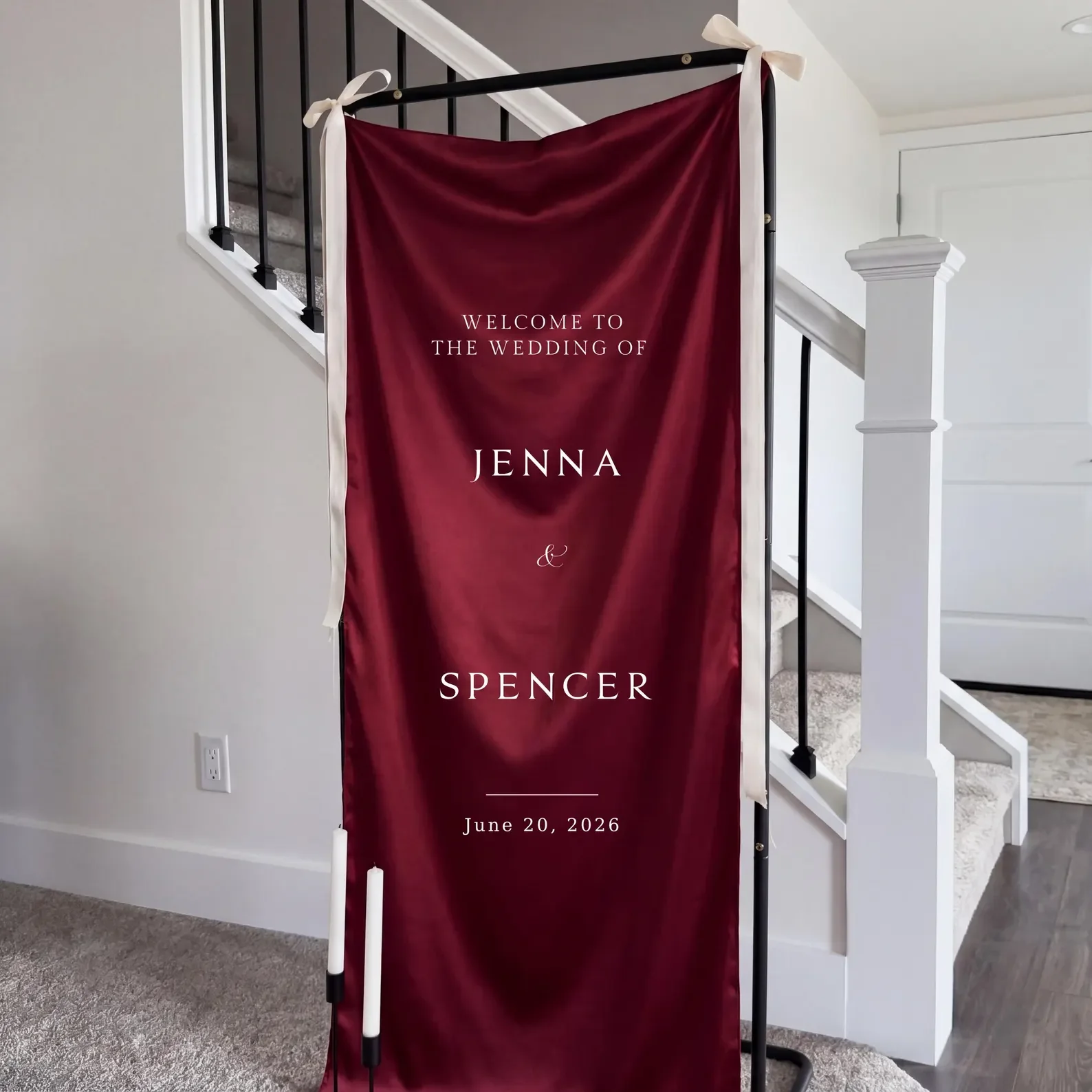 Custom Satin Wedding Welcome Sign Personalized Hanging Banner Ceremony Entrance Bridal Shower Photo Backdrop Decor