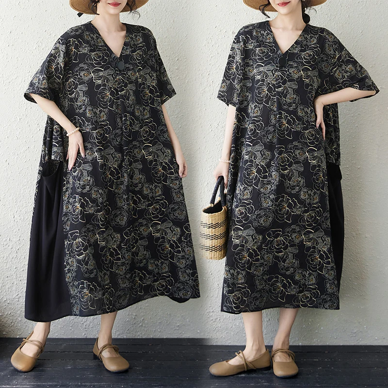 

Summer New Cotton Print Splice Loose Casual Overhead V-Neck Short Sleeve Wide Hem Dress Women's Casual Straight Tube Dress