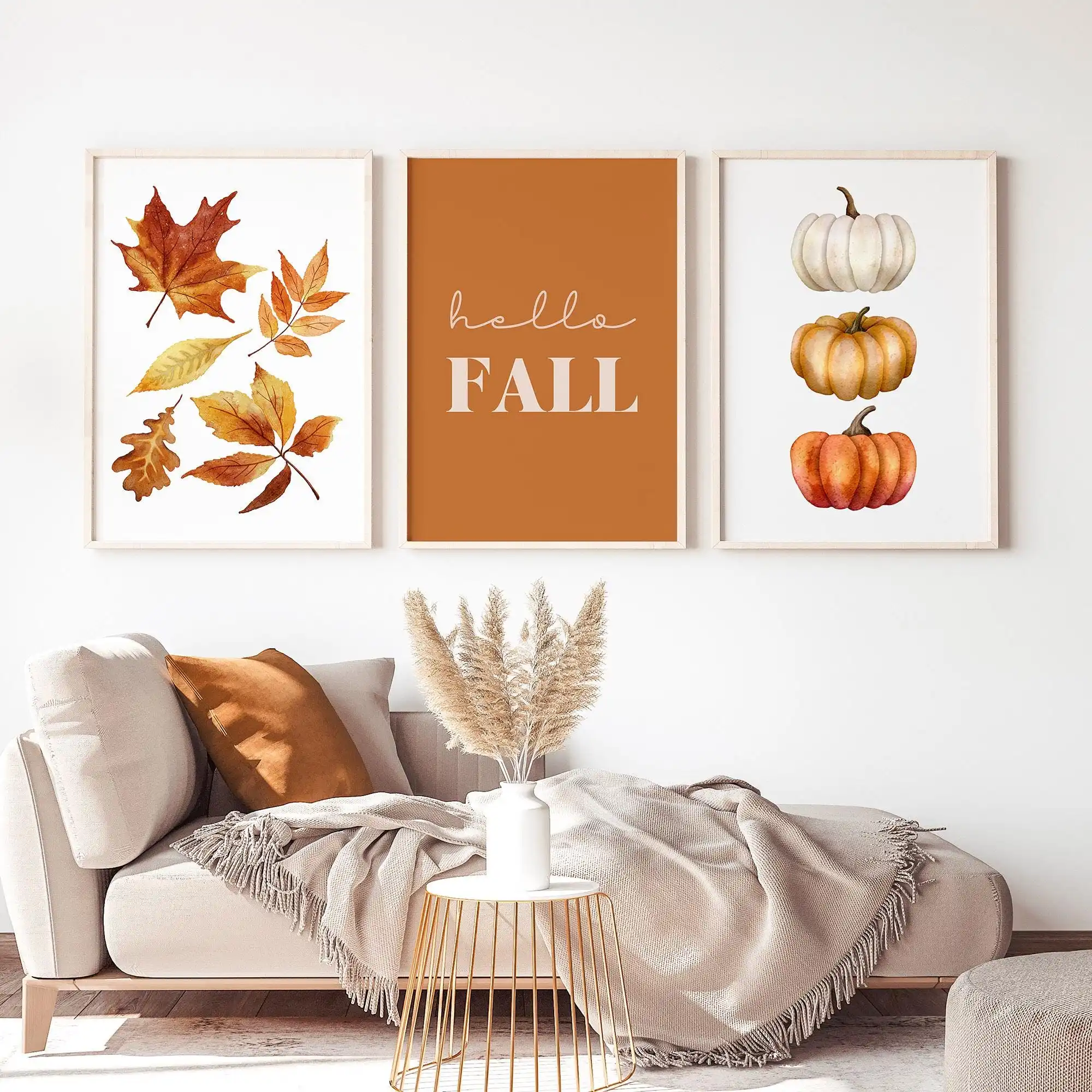 3pc Orange Hello Fall Printable Wall Art, Fall Leaves Print, Watercolor Pumpkin Autumn Print, Fall Quote Poster, Farmhouse Decor
