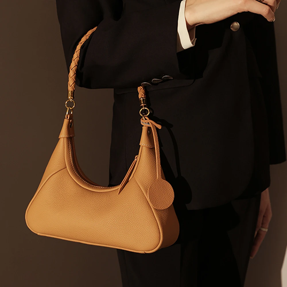 Fancy Design Genuine Leather Half Moon Underarm Bag High-end Elegant Ladies Baguatte Underarm Bags