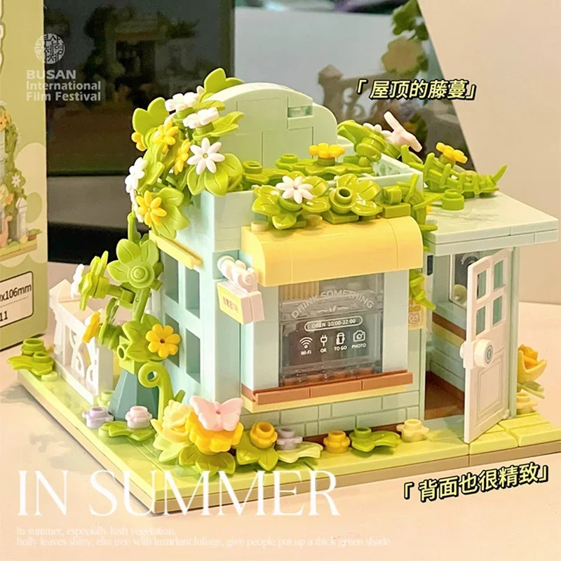 Kawaii Flower Shop Street Scene Assembled House Building Blocks Model Children Diy Small Toys Ornaments Girls Gift Collection