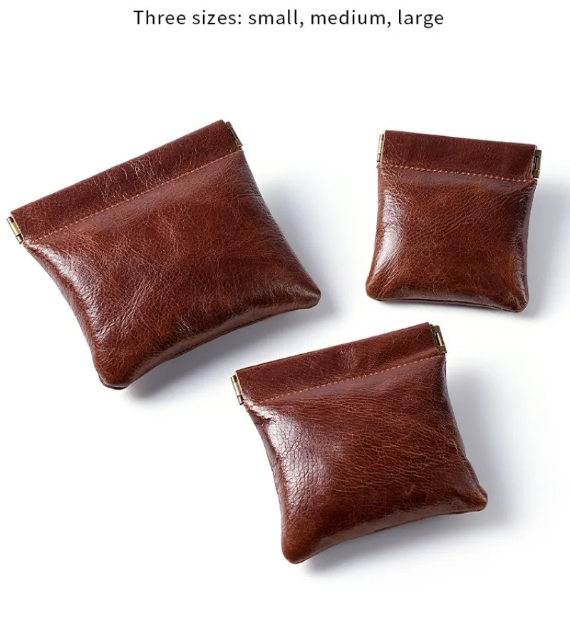 3 Size Options Genuine Leather Squeeze Coin Purse, Automatic Closing Jewelry Pouch, Multi-Size Mini Storage Bag for Small Items