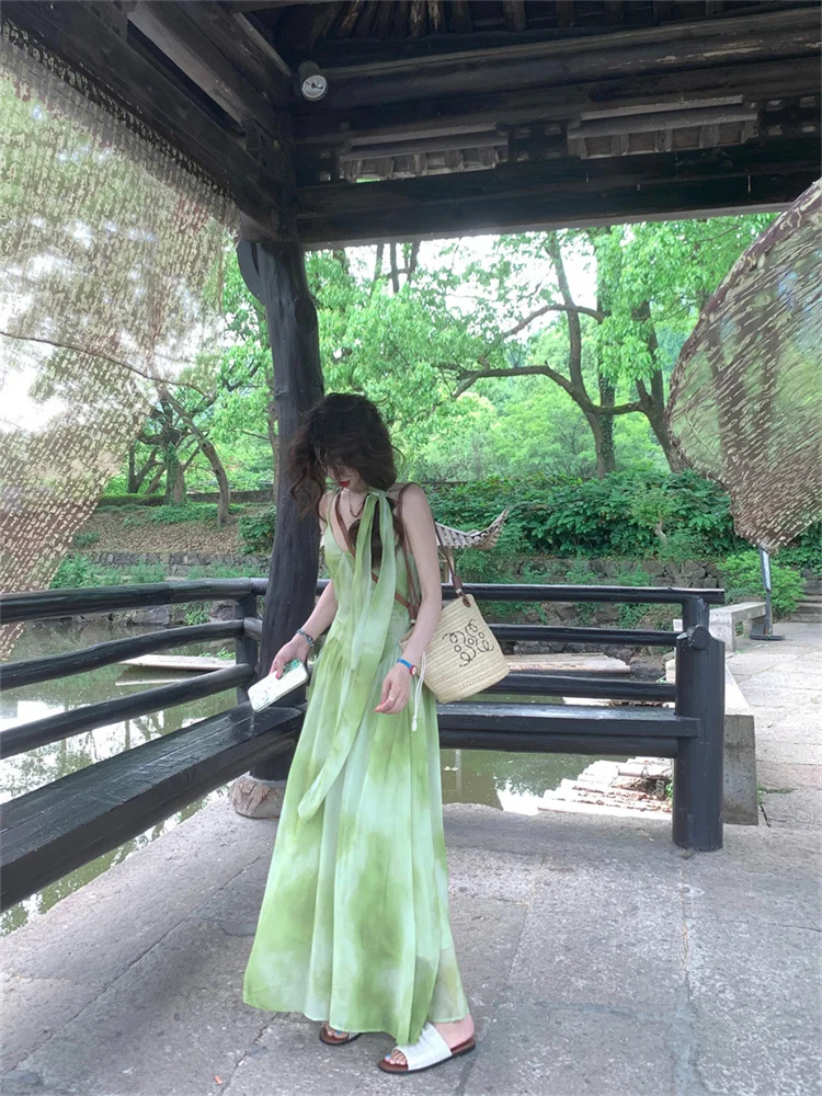 Fresh Light Green Printed V-neck Holiday Dress for Women Gentle Versatile Long Camisole Vestidos Sweet A-line Summer Dresses