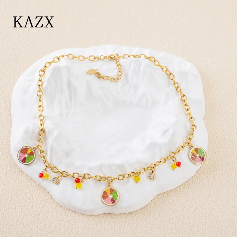 

Colorful Fruit Dangle Neck Chain Stainless Steel Round Citrus Slice Enamel Charms Tiny Crystal Decor Ornament Necklace
