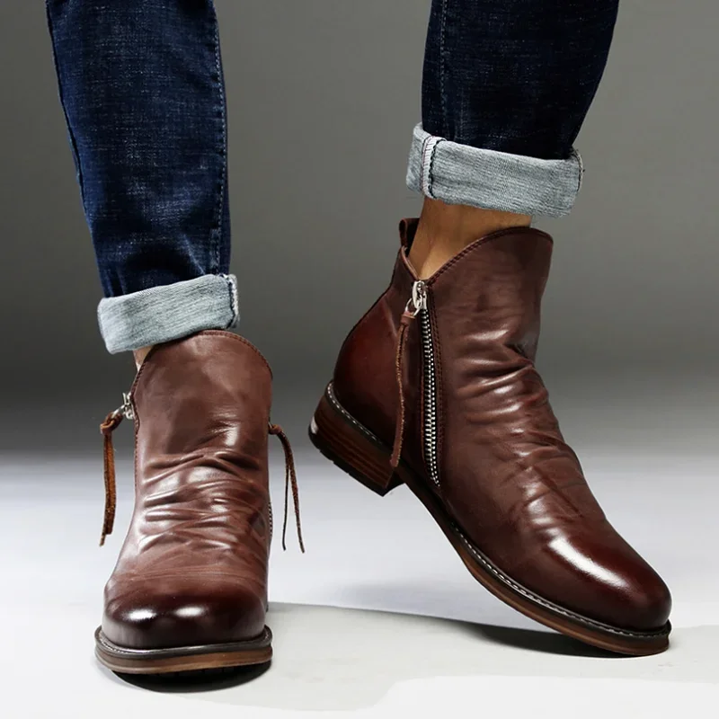 Men Leather Boots 2024 Fashion High-top Tassel Zip PU Leather Shoes Autumn Winter Ankle Boots Mens Boots Plus Size 48