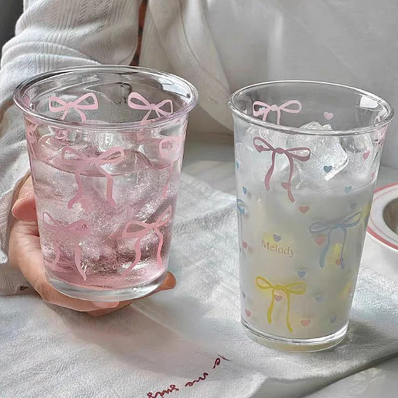 Bow Glass Cute Water Cup Cartoon Bow Glass Cup Striped Cute Doodle Coffee Mug Household Fruit Tea Lemonade Girls Gift