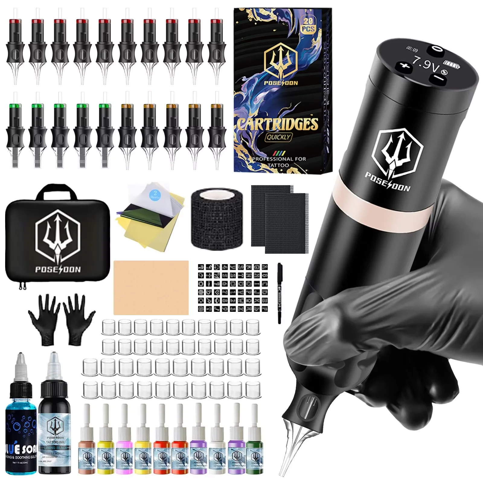 POSEIDON Tattoo Kit V5 Black Tattoo Pen Kit For Permanent Makeup Tattoo Machine Kit High Quality Tattoo Power Supply Tattoo Gun