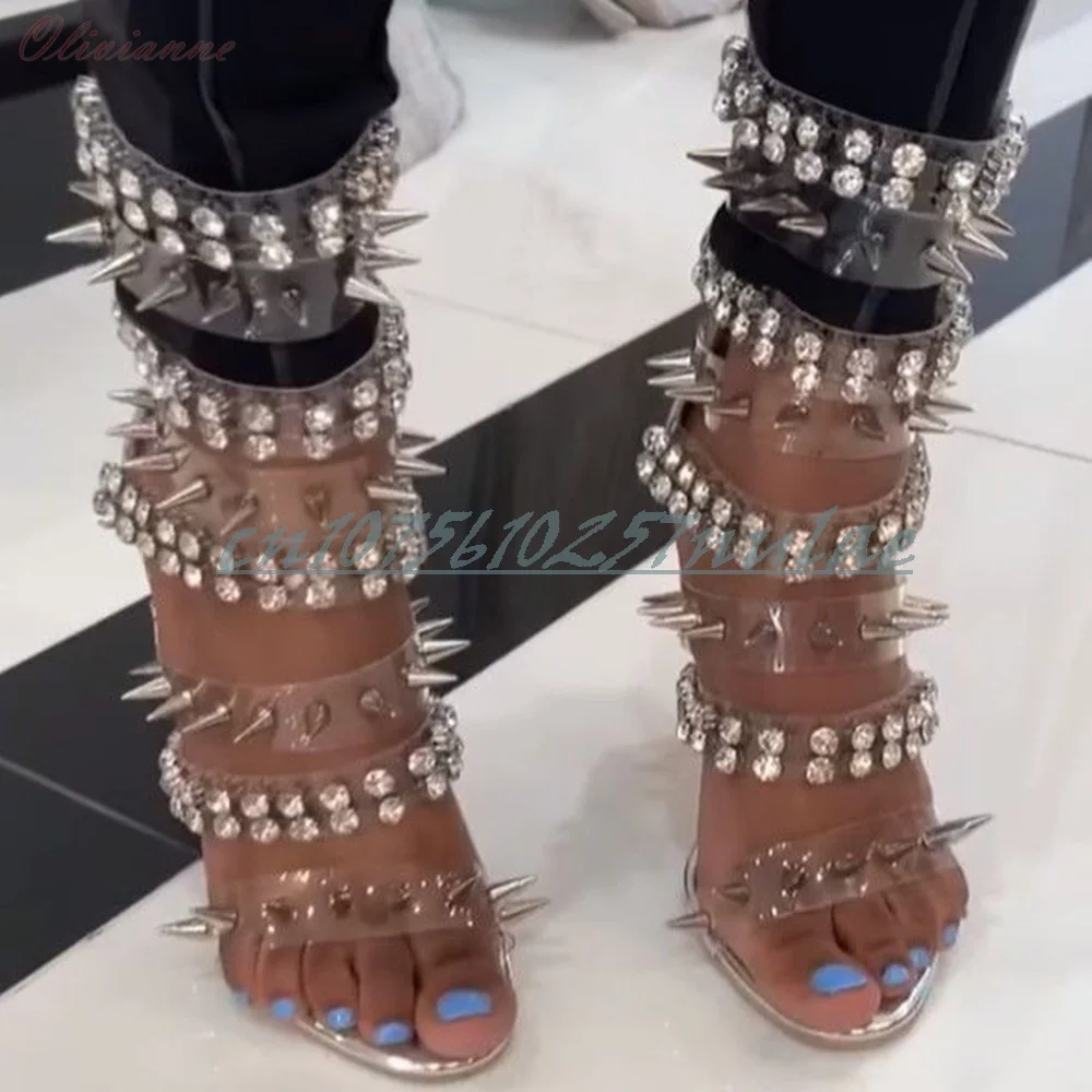 

Clear PVC Belts Sexy Crystals Rivets Decor Sandals Open Toe Stiletto High Heel Fashion Party Women Shoes 2025 Summer Para Mujere