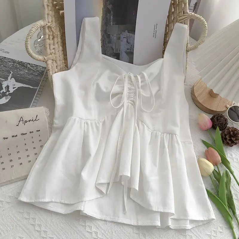 Nice Femme Summer Fashion Simplicity Drawstring Solid Color V-neck Sleeveless Women Clothes Simplicity All-match Vintage Slim Ta