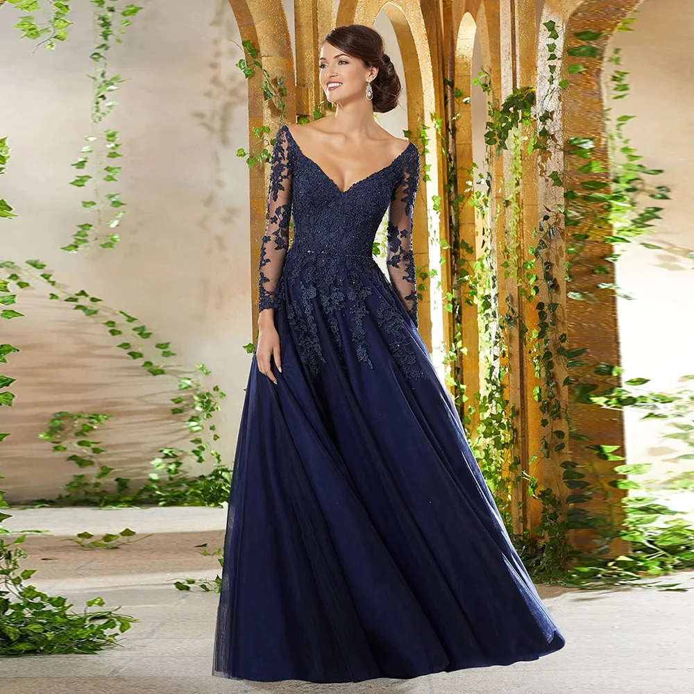 Elegante vestido azul marino para madre de la novia, manga larga con cuello en V, apliques de cuentas, longitud hasta el suelo