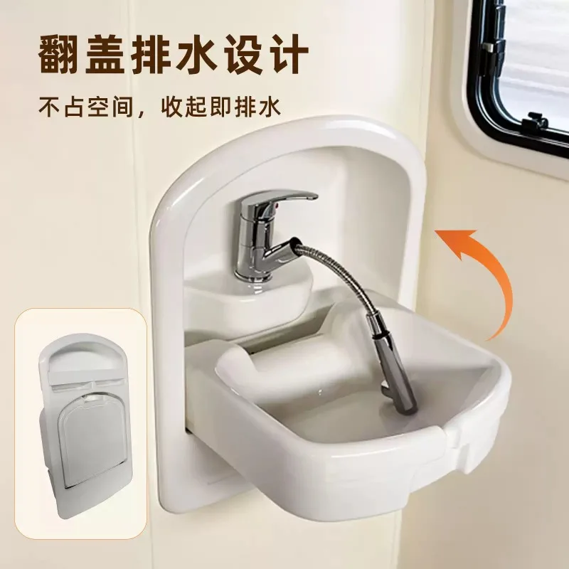 Foldable Acrylic RV Bathroom Basin Sink with Scalable Faucet, Travel Trailer Camper Van Motorhome Marine Washroom Fixture