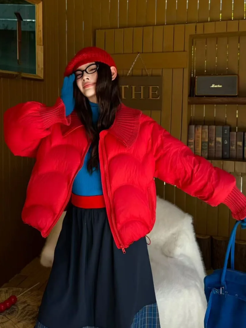 Winter Puff Knitted Splicing Down Jacket Women White Duck Down Big Lapel Outwears Female Fluffy Warm Thick Parker Bread Jacket