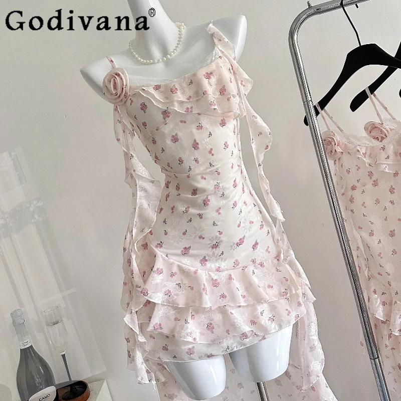 

Summer Pure Desire Style Lolita Dress Women Sweet Floral Waist-Cinching Design Dress Female Ruffled Irregular Strap Dress