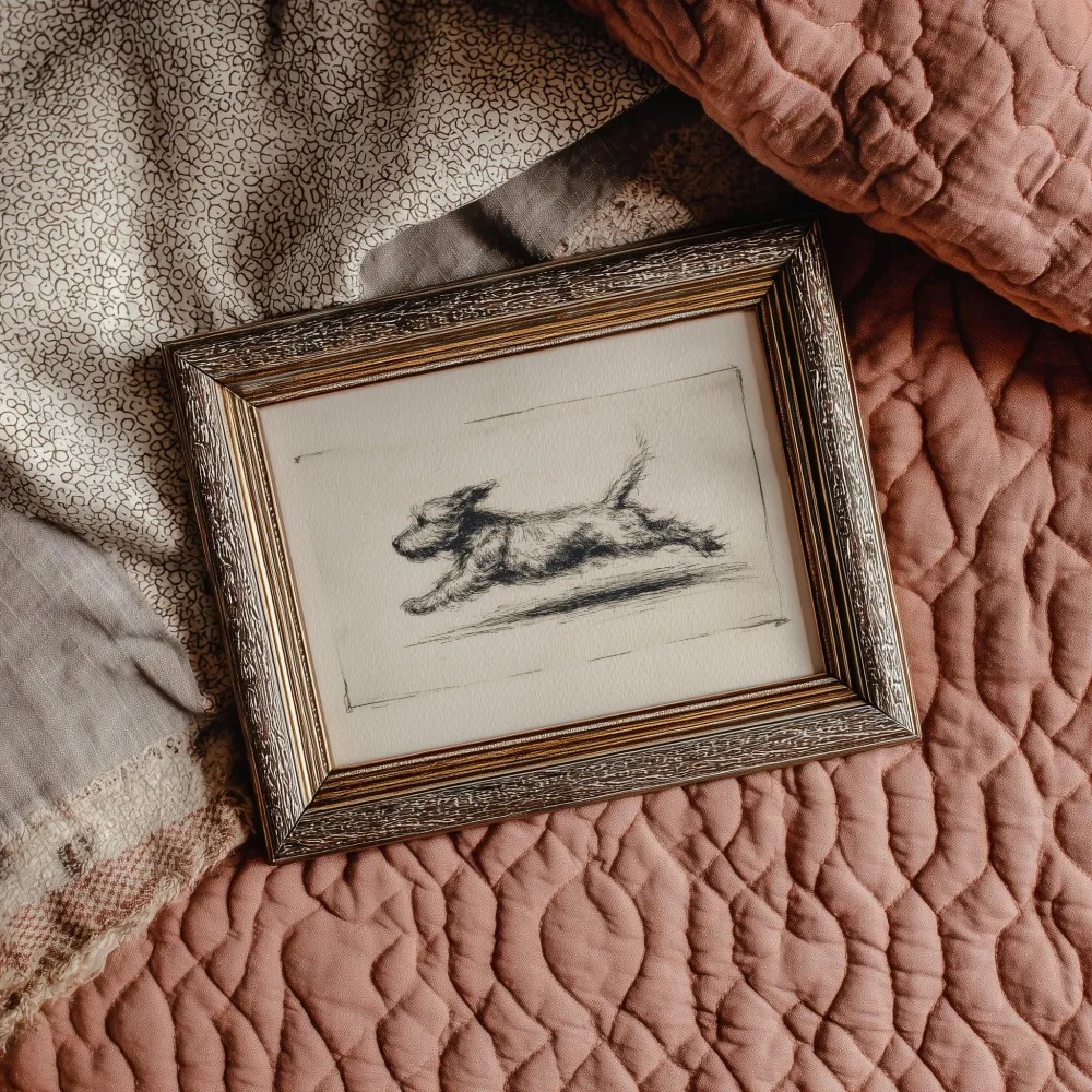 Retro Running Dog Pattern, Antique Terrier Sketch, Running Puppy Art Painting, Home Decoration, Wall Art, a Gift For Dog Lovers.