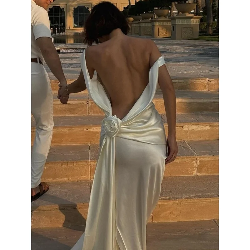 

Elegant Satin Dress for Women Sexy Spliced Floral Hollow Out Backless Slit Long Dresses New Chic Temperament Cocktail Dress