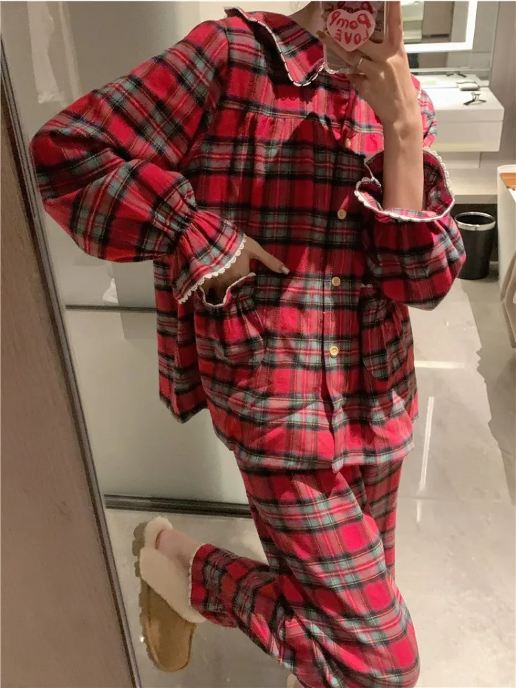 Plaid Pajama Sets Women Loose Cute Spring Korean Style Panelled Pockets Homewear Daily All-match Youthful Vitality Leisure Ins