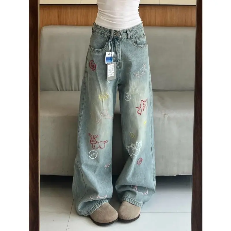 Amerykańskie spodnie jeansowe damskie w stylu high street, jesienne, nowe, z haftem z motywami z kreskówek, z wysokim stanem, luźne, z szerokimi nogawkami, wyszczuplające, vintage, długie jeansy.