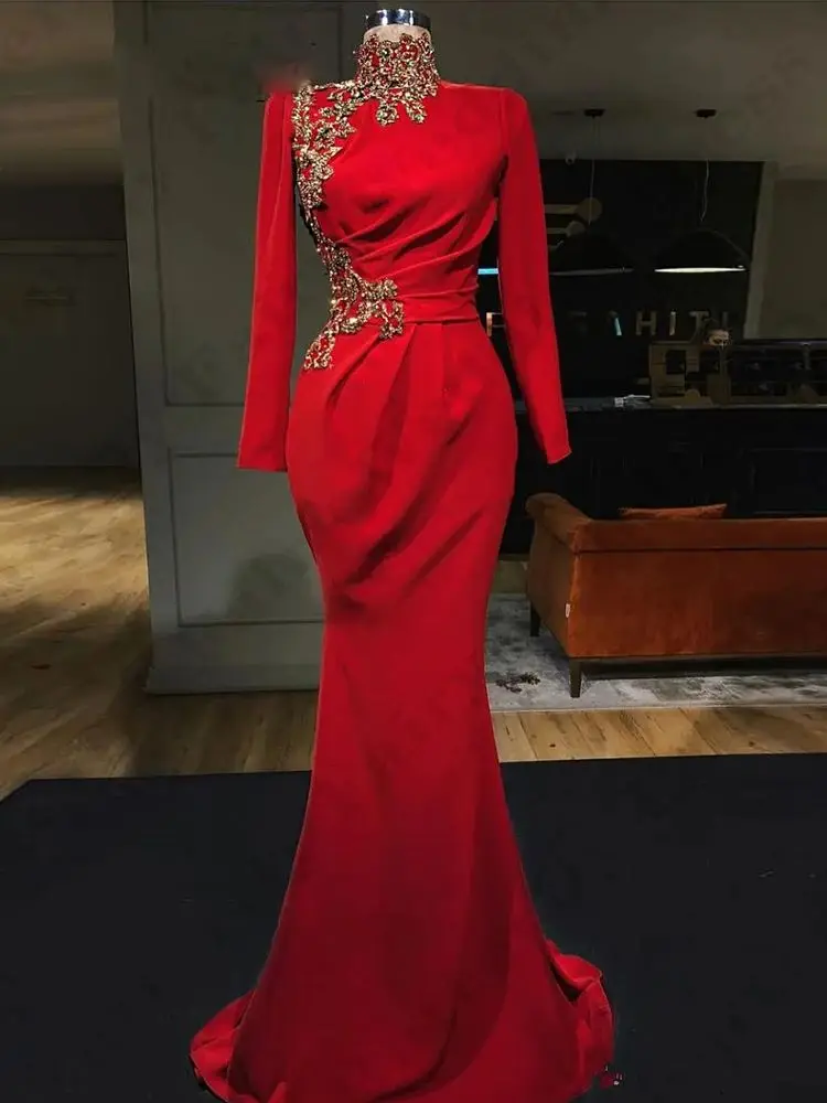 Fashion Sexy Slim Evening Dresses For Women Fascinating High Neck Long Sleeves Exquisite Lace Applique Mopping Prom Gowns 2024