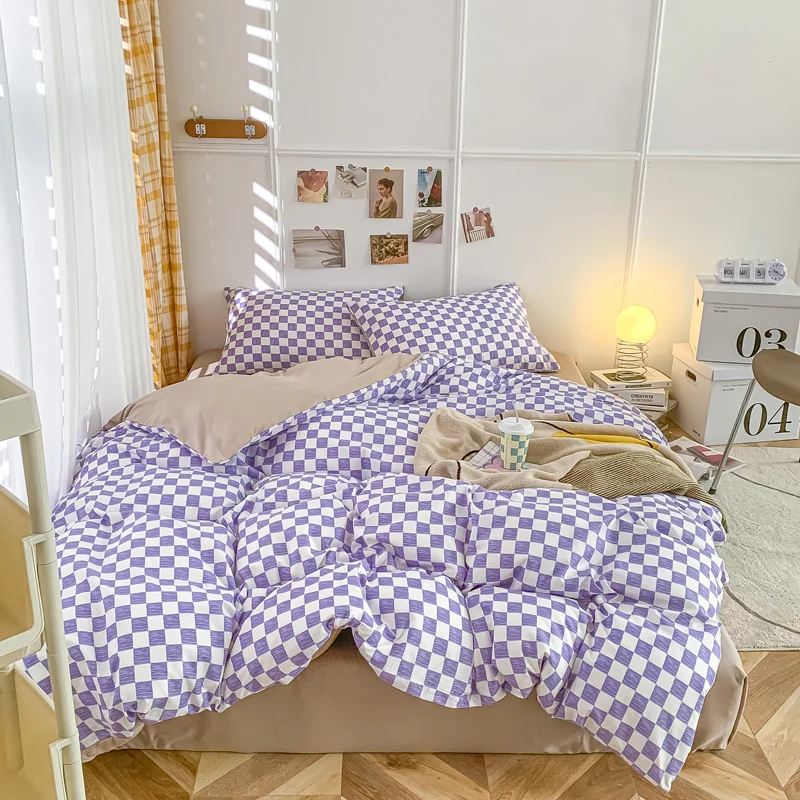 

Checkered Duvet Cover Twin Queen 4 PCS Soft Washed Cotton Purple Plaid Bedding Set,1 Quilt Cover +1 Flat Sheet + 2 Pillow Cases