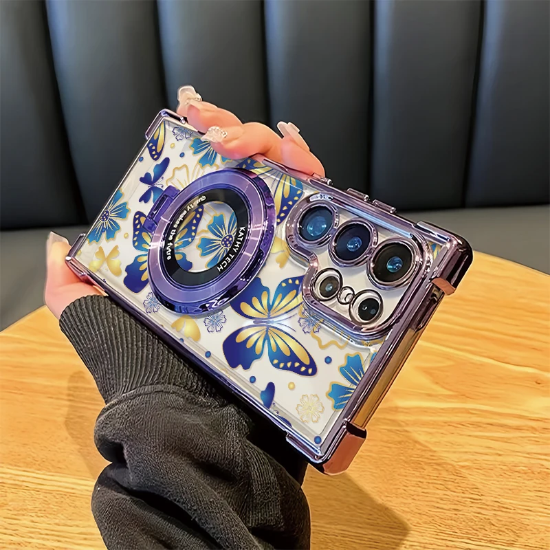Print Butterfly Phone Case For Samsung Galaxy A54 A13 A24 A14 A34 A73 A53 A33 5G A23 4G Silicon Plating Shockproof Bracket Cover