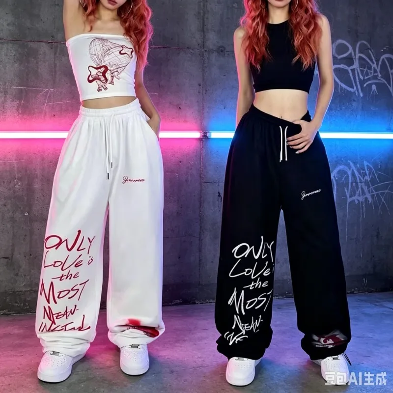 2026 Black White Drawstring Design Sweatpants Women High Street Hip-hop Wide Leg Pants Women New Autumn All-match Long Trousers