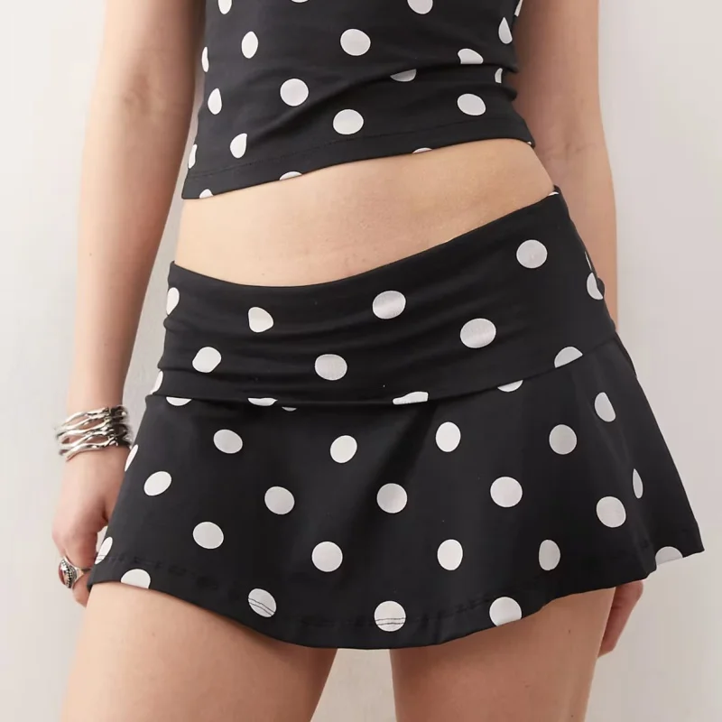 Y2k Coquette Low Waist Mini Skirt 00s Vintage Polka Dot Low Rise Short Short Women Ladies Vacation Frill Trim Skirts Clubwear