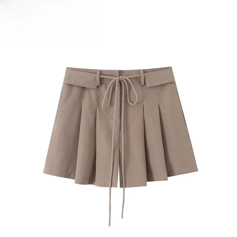 Fashionable Pleated Short Pants with Knot Waist Belt Casual High Waist Polyester Fiber Women's Summer Straight Leg Trousers