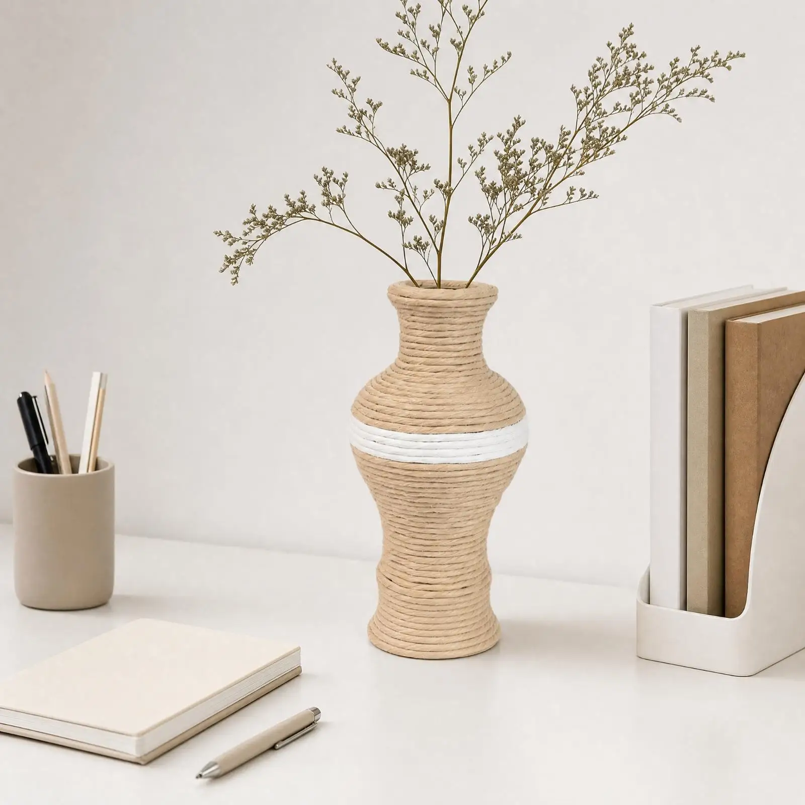 Rattan-Look Vase with Accent Band Natural Handwoven Rattan Vase Textured Rustic for Balconies, Apartment Decor