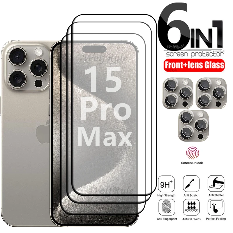 6-in-1 For iPhone 15 Pro Max Glass For iPhone 15 Plus 9H Full Cover HD Screen Protector For iPhone 11 12 13 14 15 Pro Max Glass