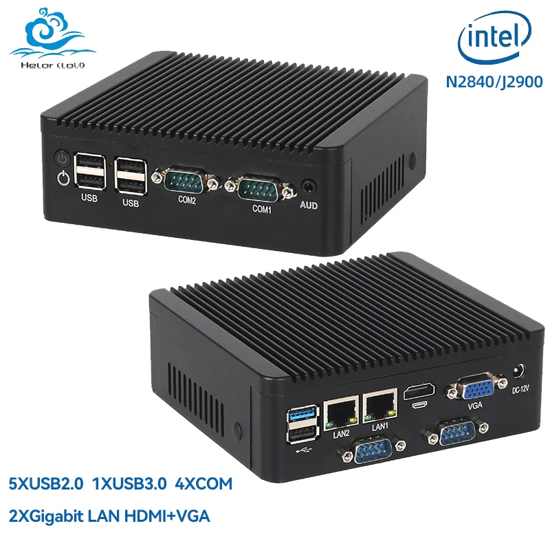 Helorpc Mini PC industrial N2840/J2900 compatible con WIN10 LINUX con 2xGigabit LAN 5xUSB2.0 1xUSB3.0 4xDB9 COM 1xHDMI 1xVGA computadora