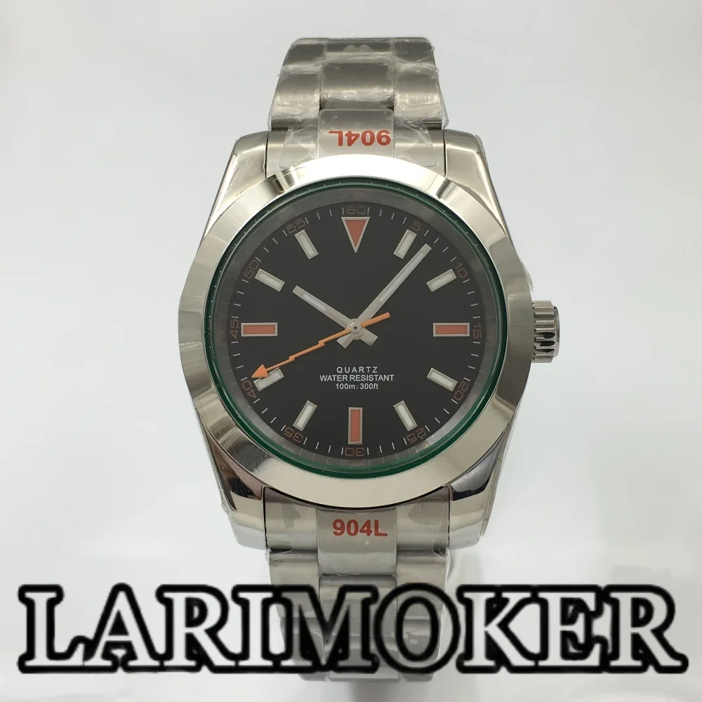 LARIMOKER 36mm/39mm Ronda515-12h Polished Men's Quartz Watch Green Sapphire Glass Black White Dial Lightning Hand Steel Bracelet