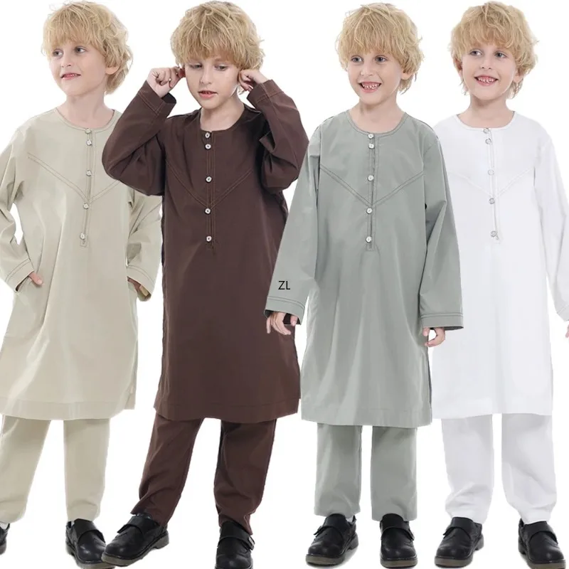 Dubai Abaya Suit Jubba Thobe For Children Arabia Muslim Prayer Baby Big Boy Qatar Pakistan Shirts and Trousers 2 Pieces Suits