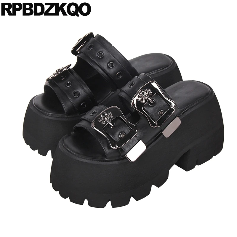 

Chunky Sandals Plus Size Rock Gothic Buckle Slides Shoes Slippers Women High Heels Platform Pumps Open Toe Skull Goth Extreme